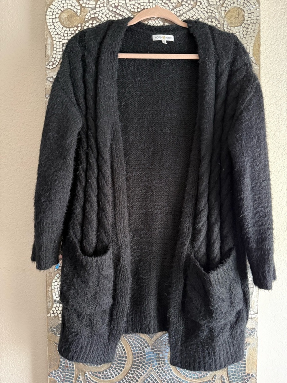 Woven Heart Black Fuzzy Open-Front Cardigan with Pockets